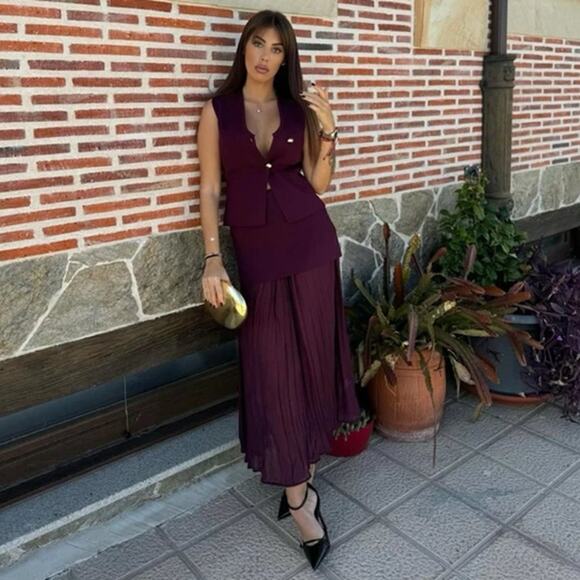 ZARA High-Waisted Pleated Skirt NWT | Burgundy Midi Mixed Media M - Picture 10 of 16